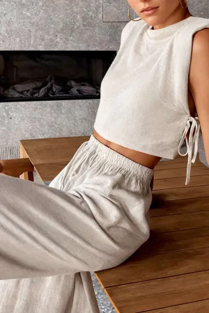 Linen Padded-Shoulder Tie Side Top And Drawstring Pants Set>MICAS Clearance