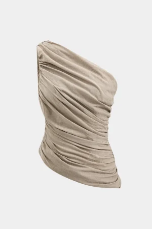 Linen Ruched One Shoulder Tank Top>MICAS Discount