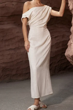 Linen Ruched Slit Midi Dress>MICAS Fashion