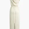 Linen Ruched Slit Midi Dress>MICAS Fashion
