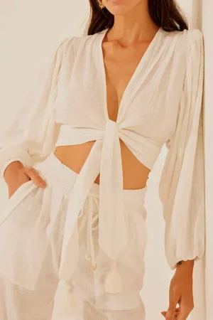 Linen V-neck Knot Ruched Crop Blouse>MICAS Hot