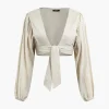 Linen V-neck Knot Ruched Crop Blouse>MICAS Hot