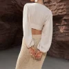 Linen V-neck Knot Ruched Crop Blouse>MICAS Hot