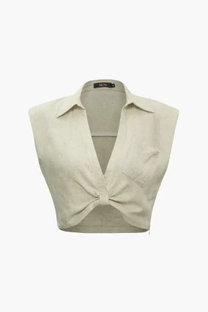 Linen V-neck Twist Hem Sleeveless Top>MICAS Fashion