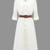 Long Sleeve Collar Belted Midi Dress>MICAS New