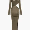 Lurex Asymmetric Cut Out Long Sleeve Maxi Dress>MICAS Outlet