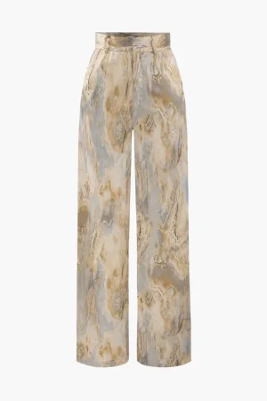 Marble Print High Waisted Full-length Straight Leg Pants>MICAS Fashion