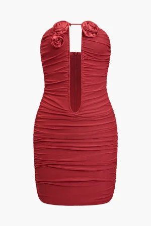 Mesh Backless Appliques Ruched V-Neck Mini Dress>MICAS Sale