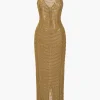 Mesh Backless Sheer Rhinestone Maxi Dress>MICAS Best
