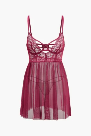 Mesh Bustier Cut Out Embroidery Side Slit Sleepwear Set>MICAS New