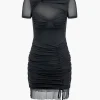 Mesh Cut Out Twist Drawstring Ruched Tie Mini Dress>MICAS Sale
