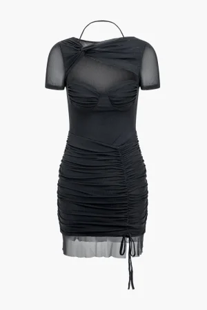 Mesh Cut Out Twist Drawstring Ruched Tie Mini Dress>MICAS Sale