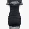 Mesh Cut Out Twist Drawstring Ruched Tie Mini Dress>MICAS Sale