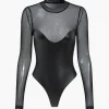 Mesh Faux Leather Patchwork Long Sleeve Bodysuit>MICAS Hot