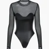Mesh Faux Leather Patchwork Long Sleeve Bodysuit>MICAS Hot