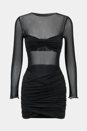 Mesh Patchwork Round Neck Long Sleeve Mini Dress>MICAS Best