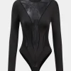 Mesh Patchwork Round Neck Long Sleeve Bodysuit>MICAS Sale