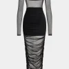 Mesh Patchwork Ruched Off Shoulder Long Sleeve Maxi Dress>MICAS Online
