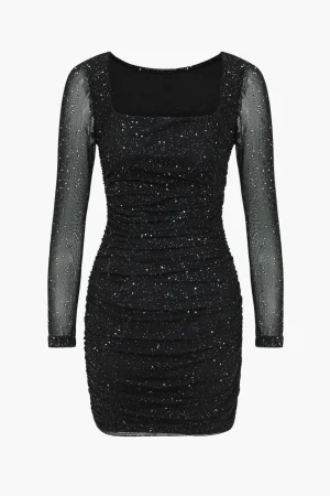 Mesh Ruched Long Sleeve Square Neck Mini Dress>MICAS New