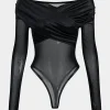 Mesh Satin Patchwork Sheer Long Sleeve Bodysuit>MICAS Fashion