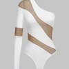 Mesh Sheer Patchwork One Shoulder Long Sleeve Bodysuit>MICAS Best