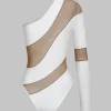 Mesh Sheer Patchwork One Shoulder Long Sleeve Bodysuit>MICAS Best