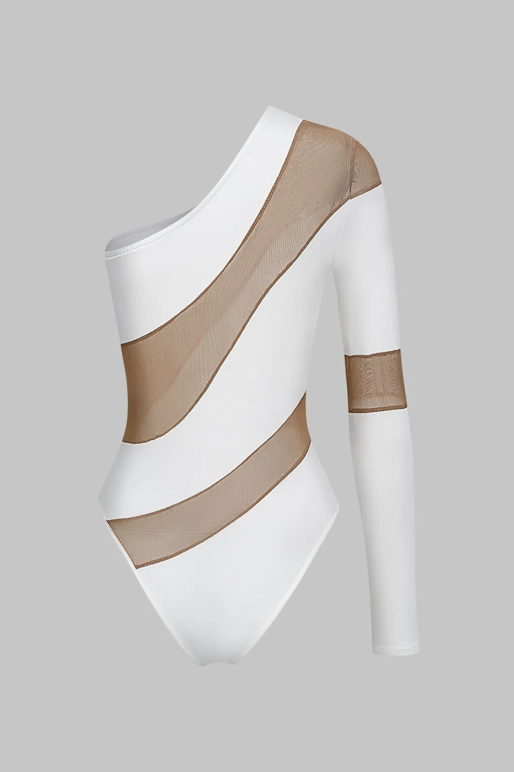 Mesh Sheer Patchwork One Shoulder Long Sleeve Bodysuit>MICAS Best