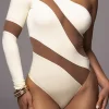 Mesh Sheer Patchwork One Shoulder Long Sleeve Bodysuit>MICAS Best