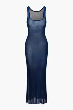 Mesh Square Neck Sleeveless Maxi Dress>MICAS Best
