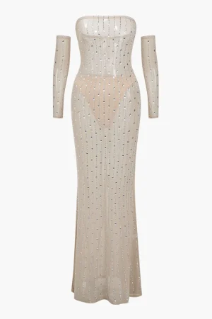 Mesh Zipper Rhinestone Maxi Dress With Gloves>MICAS Sale