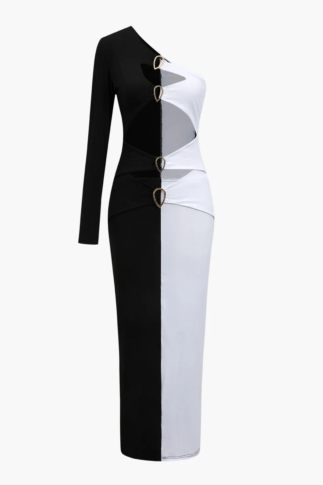 Metal Buckle One Shoulder Patchwork Long Sleeve Midi Dress>MICAS Outlet
