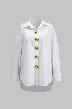 Metal Button Long-Sleeve Shirt>MICAS Outlet
