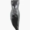 Metallic Asymmetric Hem Sleeveless Midi Dress>MICAS Hot