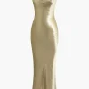 Metallic Backless Slip Mermaid Cowl Neck Maxi Dress>MICAS Hot