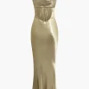 Metallic Backless Slip Mermaid Cowl Neck Maxi Dress>MICAS Hot