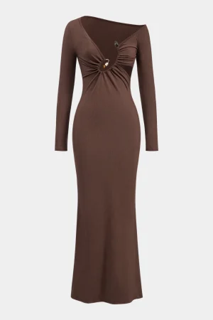 Metallic Beaded Cut Out Asymmetry Neck Long Sleeve Maxi Dress>MICAS Fashion