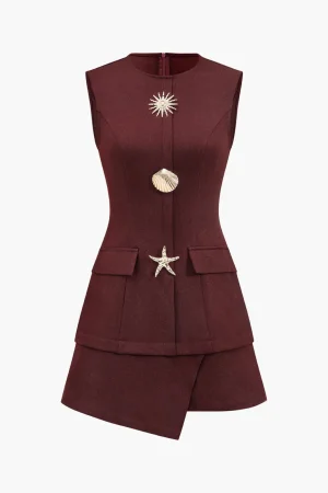 Metallic Button Sleeveless Round Neck Mini Dress>MICAS Sale