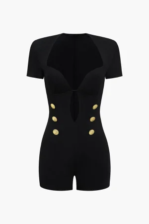 Metallic Button V-Neck Short Sleeve Romper>MICAS Sale
