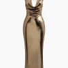 Metallic Cowl Neck Tie Backless Sleeveless Maxi Dress>MICAS Clearance