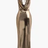 Metallic Cowl Neck Tie Backless Sleeveless Maxi Dress>MICAS Clearance