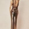 Metallic Cowl Neck Tie Backless Sleeveless Maxi Dress>MICAS Clearance