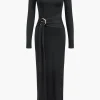 Metallic Detail Tie-Up Long Sleeve Maxi Dress>MICAS New