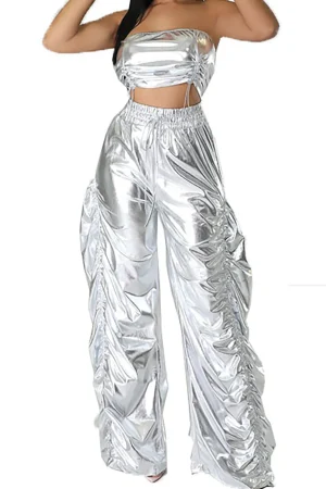 Metallic Drawstring Tube Top And Gathered Wide Leg Pants>MICAS Online