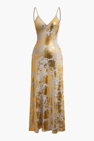 Metallic Print V-neck Backless Slip Maxi Dress>MICAS Discount