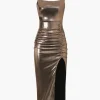 Metallic Ruched Slit Midi Dress>MICAS Sale