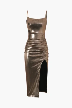 Metallic Ruched Slit Midi Dress>MICAS Sale
