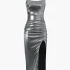 Metallic Ruched Slit Midi Dress>MICAS Sale