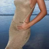 Metallic Sleeveless Backless Slit Knit Maxi Dress>MICAS Outlet