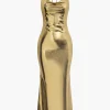 Metallic Tie Halter Cowl Neck Backless Maxi Dress>MICAS Fashion