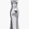 Metallic Tie Halter Cowl Neck Backless Maxi Dress>MICAS Fashion